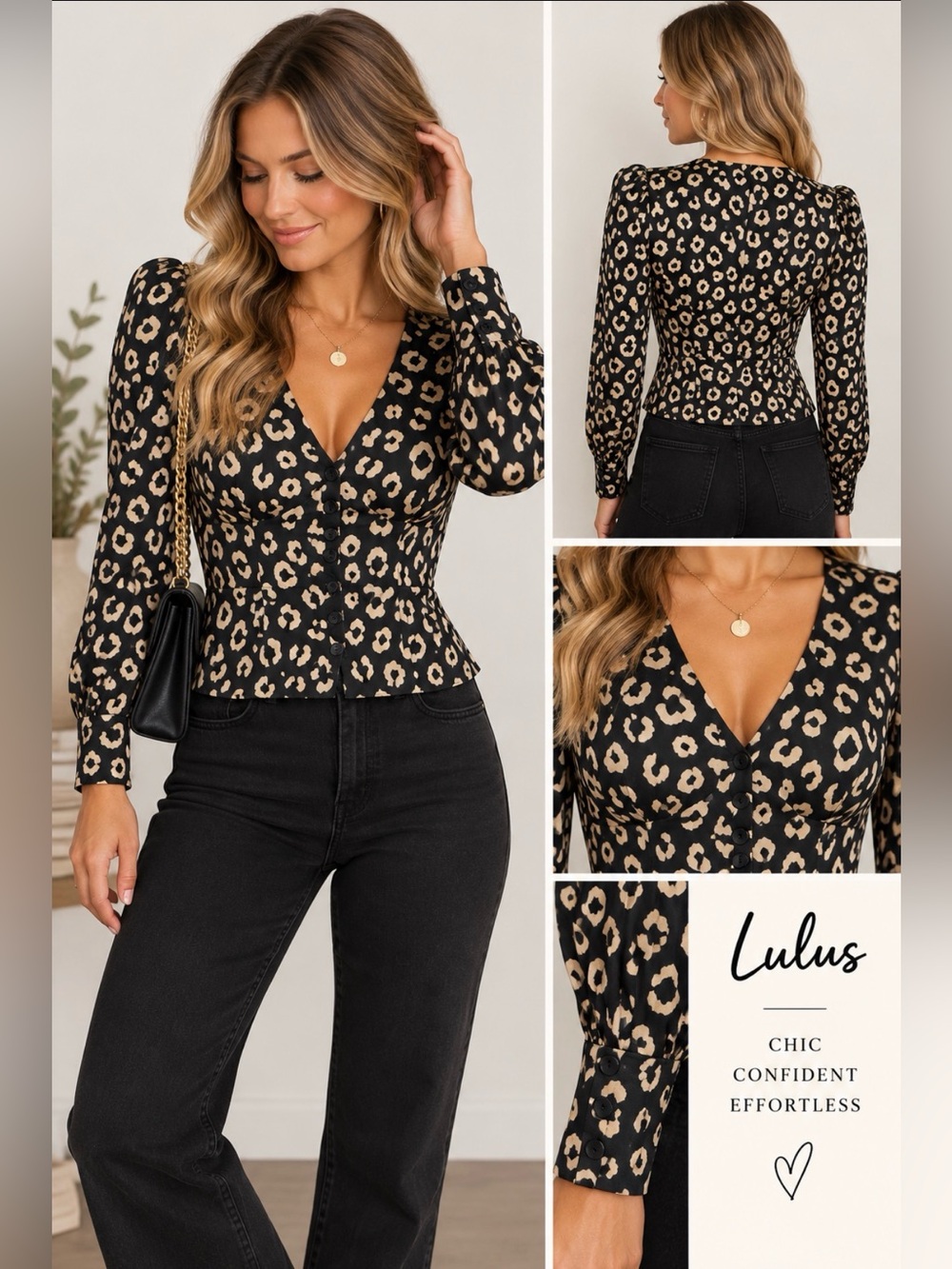 402 Lulus Black Tan Leopard Print Long Sleeve Button Front Blouse Top S